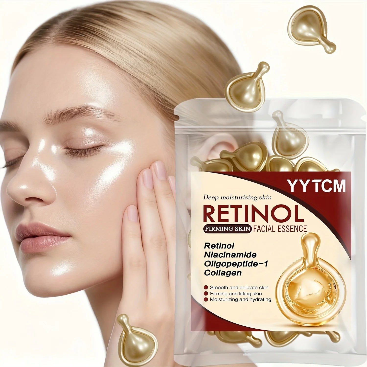 Retinol Firming Facial Moisturizing Essence Capsules, Retinol Facial Essence, Contains Hydrolyzed Collagen, Niacinamide, Deep Moisturizing (0.5Gx30 Capsules)/Bag-1 Bag