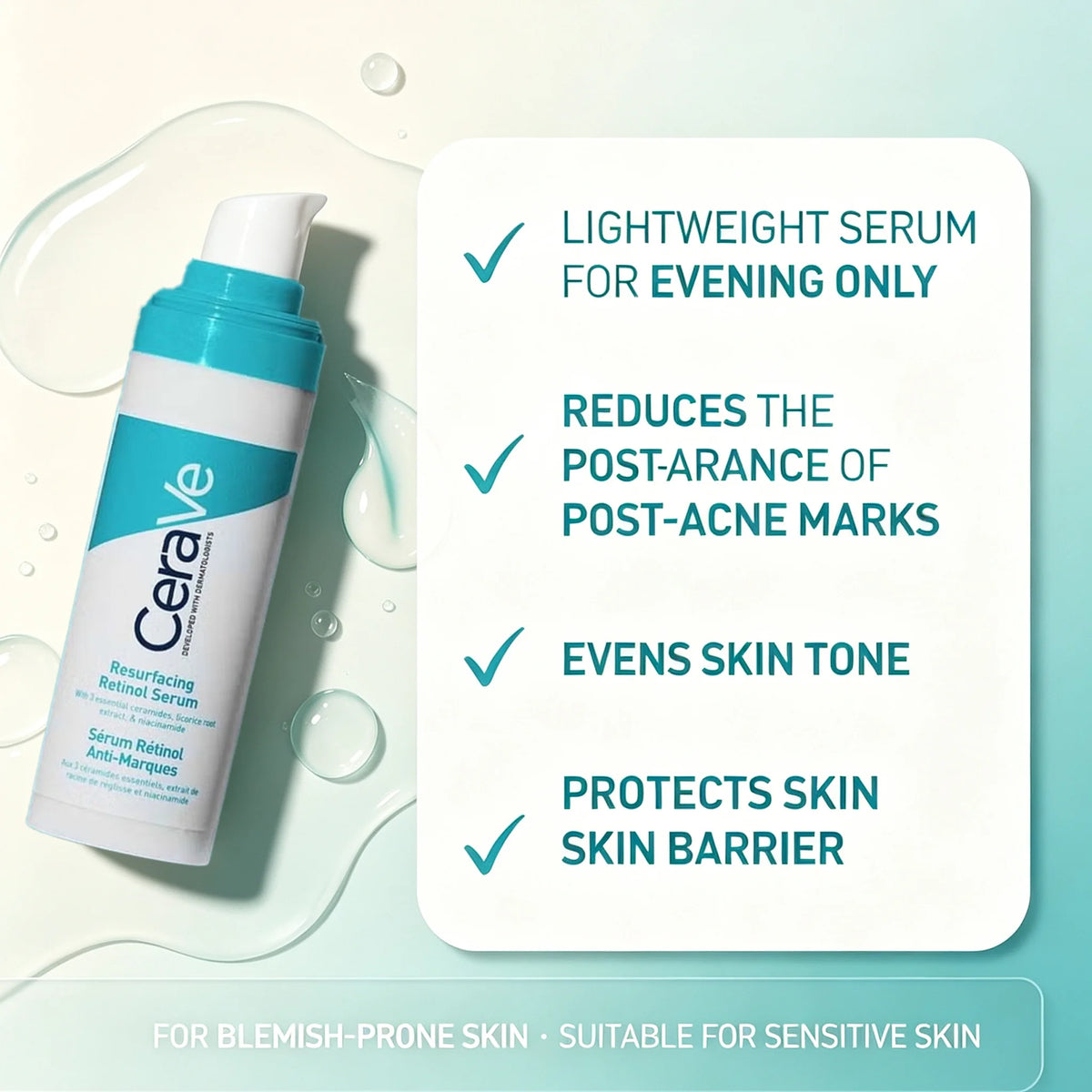 CeraVe Retinol Serum Niacinamide Licorice Root, Skin Smoothing Tone Care, Barrier Repair, Non-Comedogenic For Blemish Prone Skin