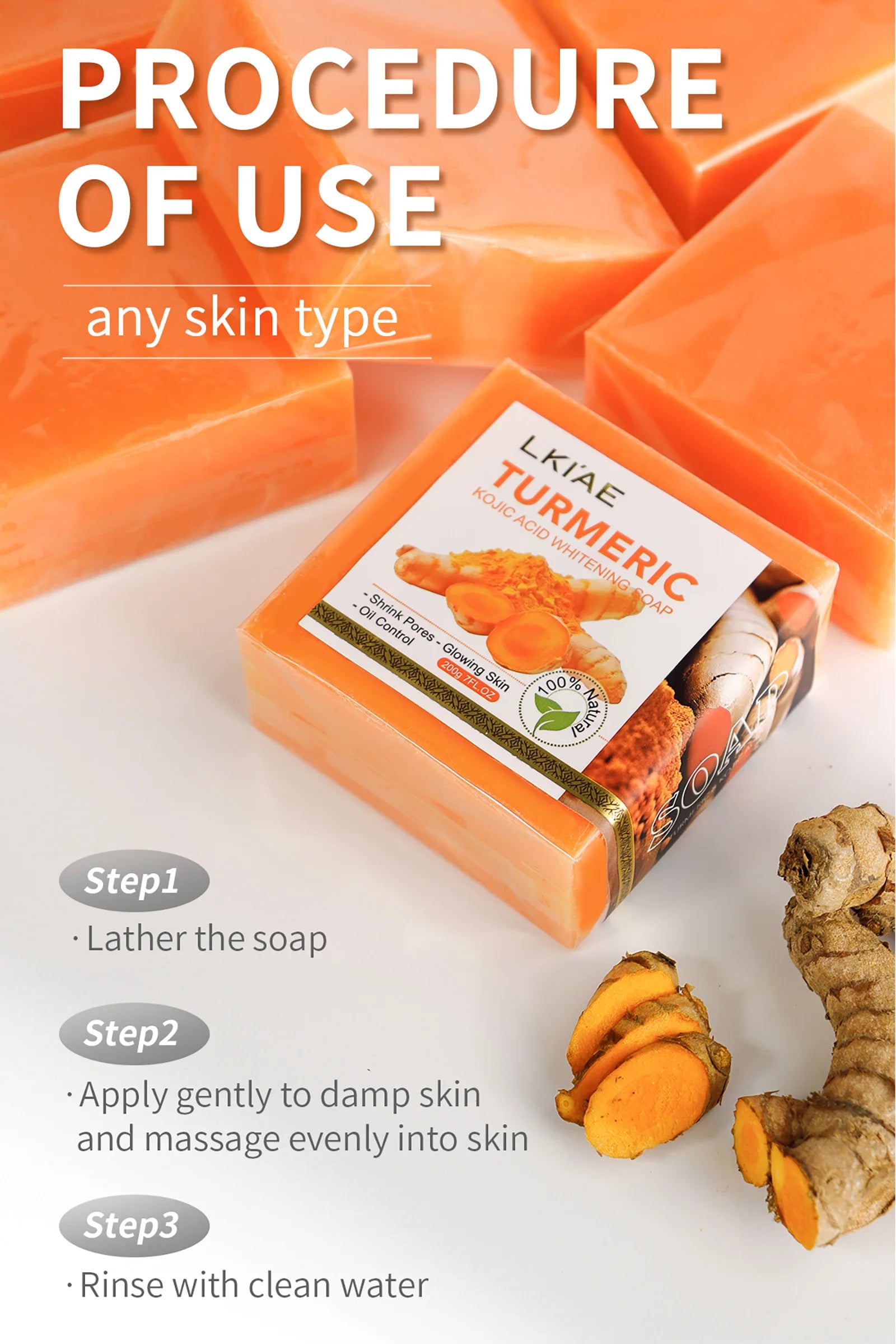 LKIAE Organic Turmeric Soap Bar, Natural Herbal Hand Made Whitening Soap, Remove Melanin, Acne, Spots, For Face And Body,200g