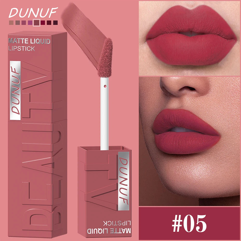 DUNUF Matte Velvet Lip Gloss, 3D Plumping & Waterproof, Square Tube Lipstick, Easy Application, 8 Shades (All-in-One)
