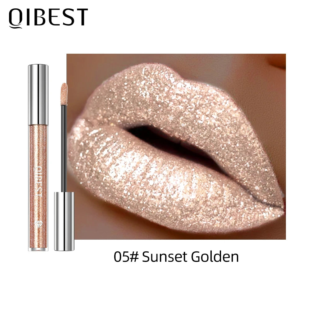 QIBEST Glitter Diamond Liquid Lipstick Waterproof Long Lasting Pearl Shiny Lip Gloss Metal Charming Women Lip Makeup 6 Colors