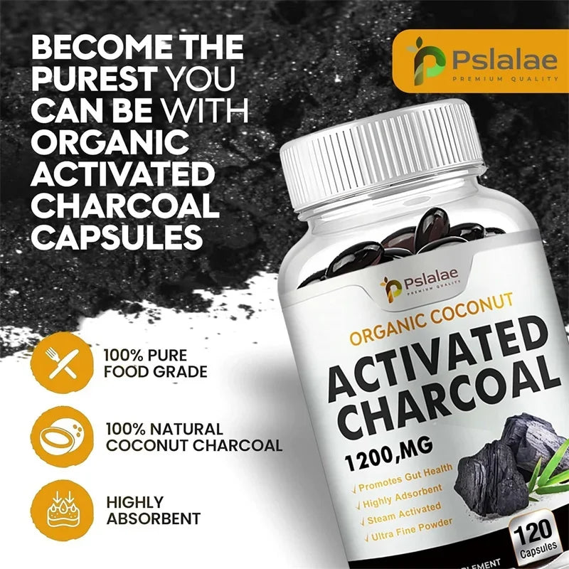 Activated Charcoal Capsules 1200 Mg - Organic Coconut Shell, Helps Relieve Gas & Bloating, Detox & Bowel, Digestive Supplement