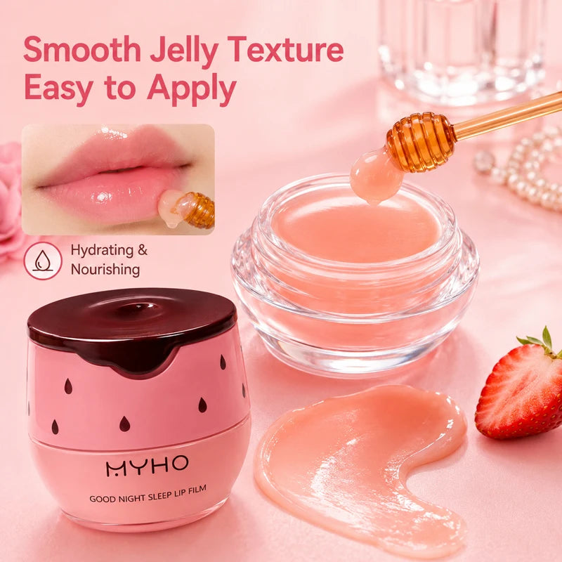 MYHO Strawberry Lip Sleeping Mask Overnight Repair Balm Hydrating Moisturizing Jelly Lip Care Non-Sticky Gloss with Applicator