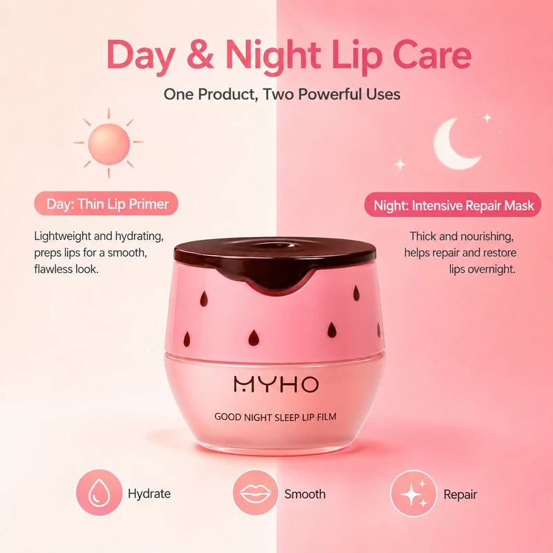 MYHO Strawberry Lip Sleeping Mask Overnight Repair Balm Hydrating Moisturizing Jelly Lip Care Non-Sticky Gloss with Applicator