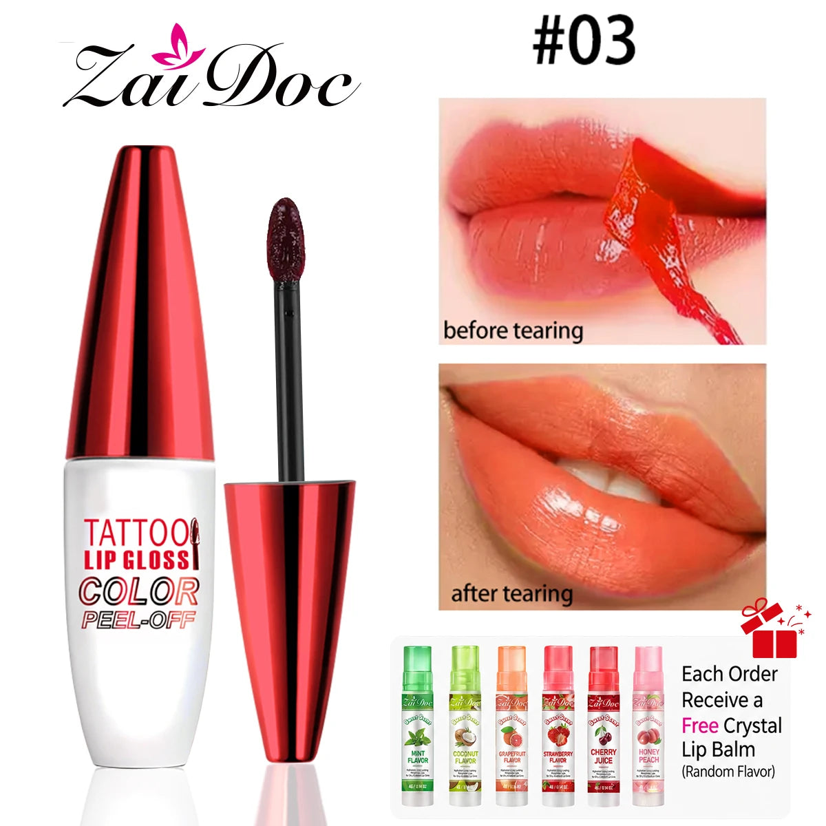 ZaiDoc Peel Off Lip Stain Tint Set 4 Colors Long Lasting Waterproof Transfer Proof Matte Finish Lip Gloss 10g Each