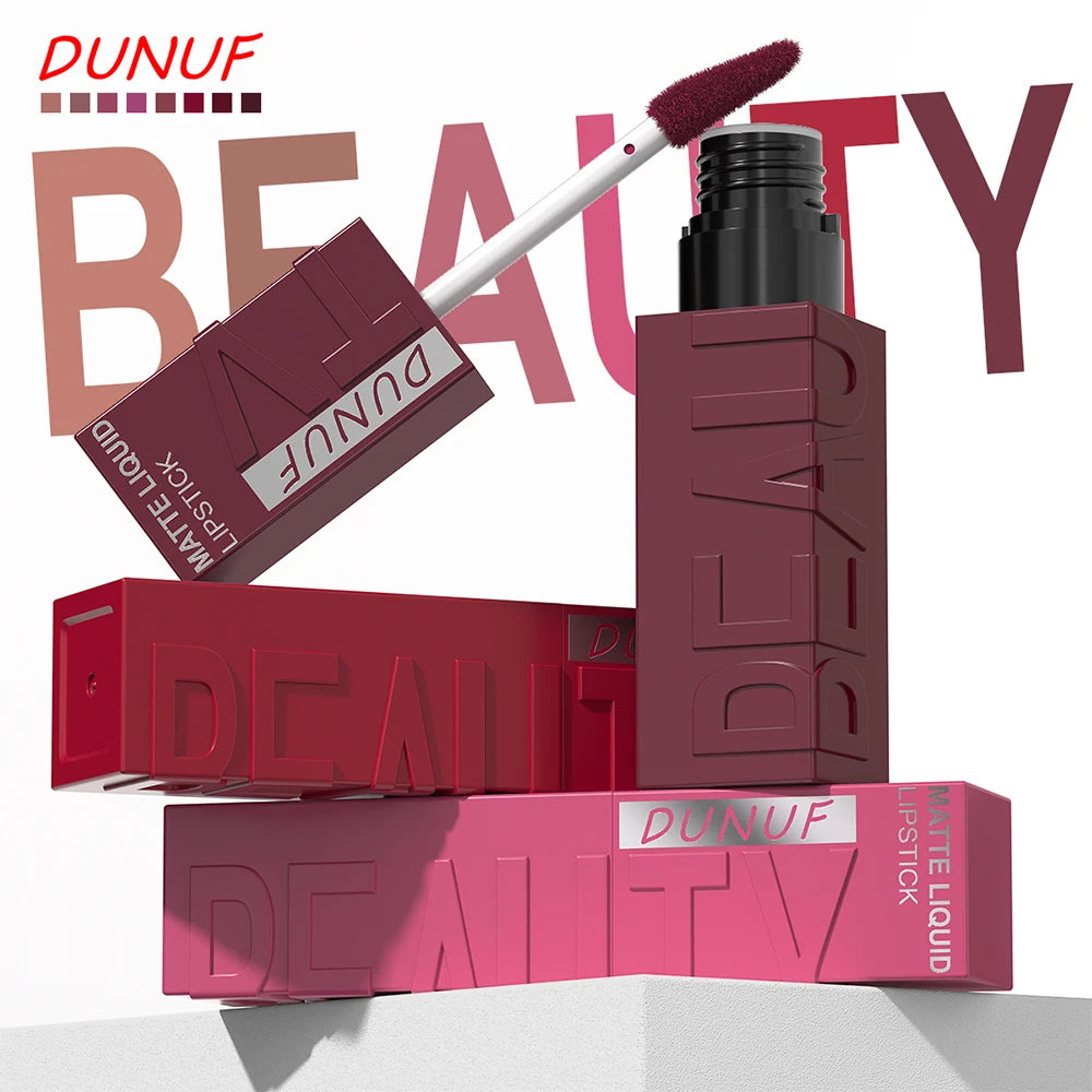 DUNUF 8-Color Matte Velvet Smooth Easy-to-Apply Square Tube Lip Gloss Waterproof Three-Dimensional Plumping Lipstick