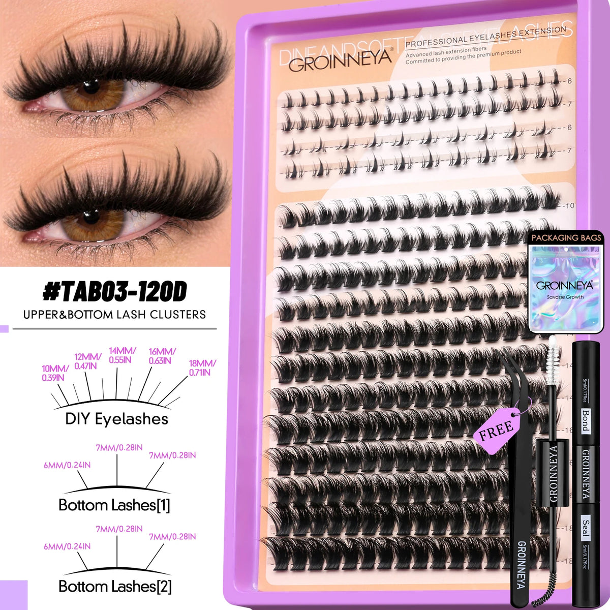 GROINNEYA Manga Lash Clusters Kit Fluffy 3D Mink Faux Cluster Lashes Kit Lashes Extension with Bond and Seal Makeup Kit