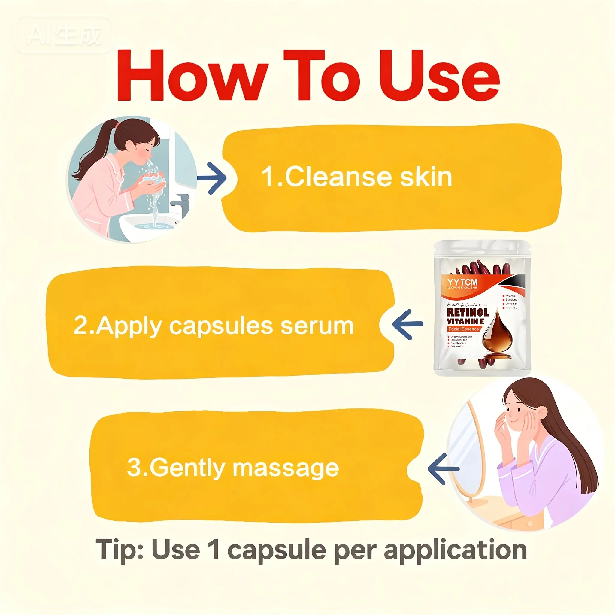 Retinol Vitamin E Deep Moisturizing Capsule Essence, Hydrates, Firms, and Smooths Skin, Contains Plant-Based Squalane, Vitamin C, Deep Moisturizing and Brightening Skin Essence (0.4Gx30 Capsules)/Pack-1 Pack