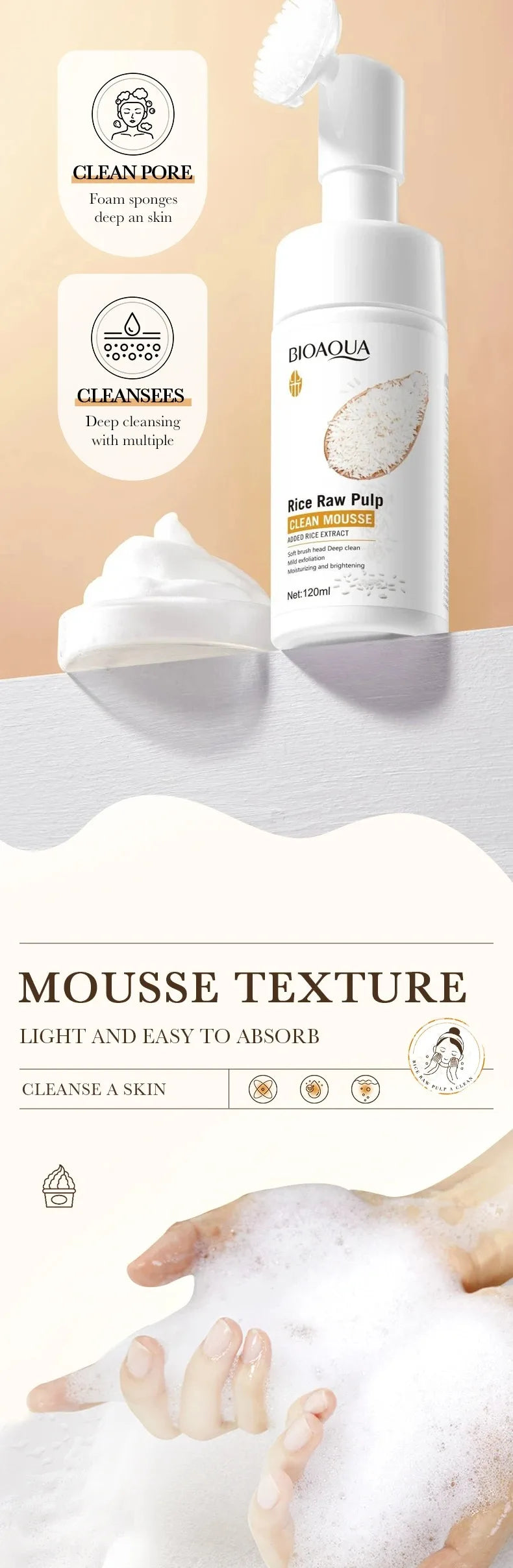 120ml Bioaoua Rice Puree Foaming Cleanser Cleansing Mousse Soothing Cleanser, Cleansing Foam with Brush Head