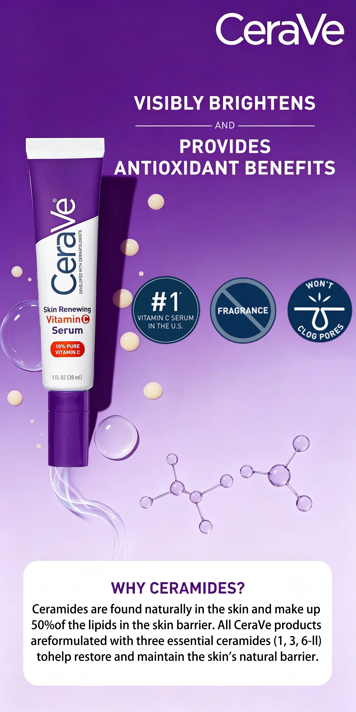 CeraVe Vitamin C Serum 10% Pure, Hyaluronic Acid & 3 Ceramides, Fragrance-Free Brightening Antioxidant Serum for Face, 1oz