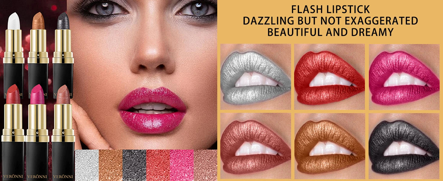 Pearlescent Glitter Lipstick Metallic Waterproof Long Lasting Matte Shimmer Diamond Lipstick Women Sexy Lips Makeup Cosmetics