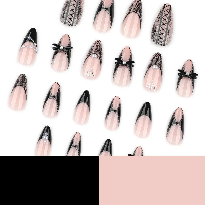 Black Cool Fake Nails Halloween Bat Press on Nails Almond Decorated Nail Tips Rivet Bow False Nails 24pcs Reusable Acrylic Nails
