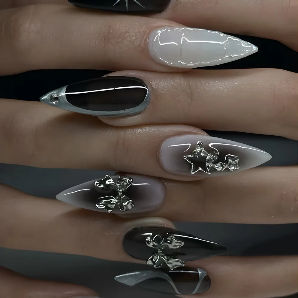 Black Cool Fake Nails Halloween Bat Press on Nails Almond Decorated Nail Tips Rivet Bow False Nails 24pcs Reusable Acrylic Nails