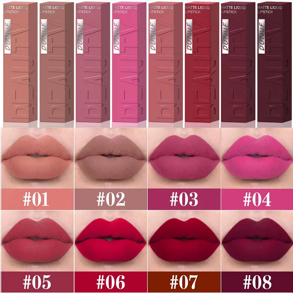 DUNUF Matte Velvet Lip Gloss, 3D Plumping & Waterproof, Square Tube Lipstick, Easy Application, 8 Shades (All-in-One)