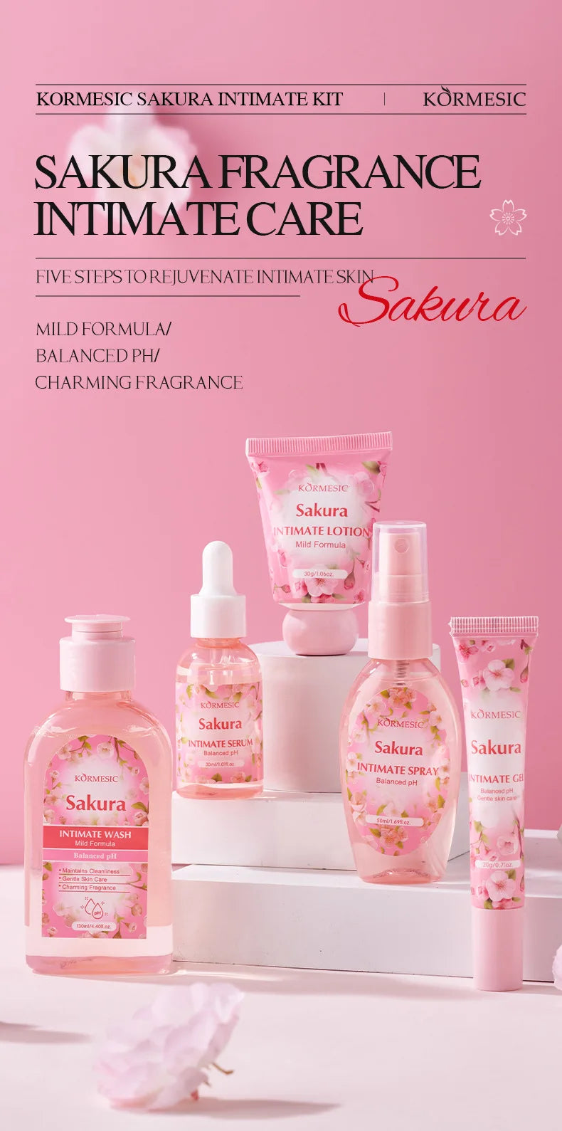 Sakura Women's Intimate Care 5-Piece Set, Product Includes: Private Area Cleansing Liquid, Essence, Gel, Lotion, Spray, Gentle Cleansing, Balances the Environment, Long-Lasting Freshness, and a More Firm and Smooth Light Beig