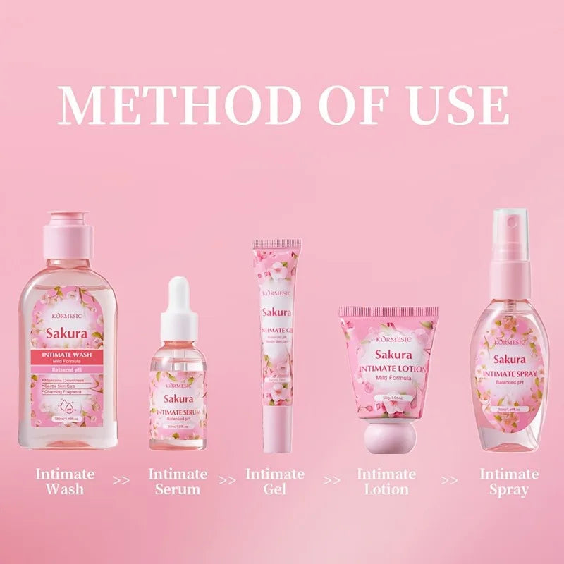 Sakura Women's Intimate Care 5-Piece Set, Product Includes: Private Area Cleansing Liquid, Essence, Gel, Lotion, Spray, Gentle Cleansing, Balances the Environment, Long-Lasting Freshness, and a More Firm and Smooth Light Beig