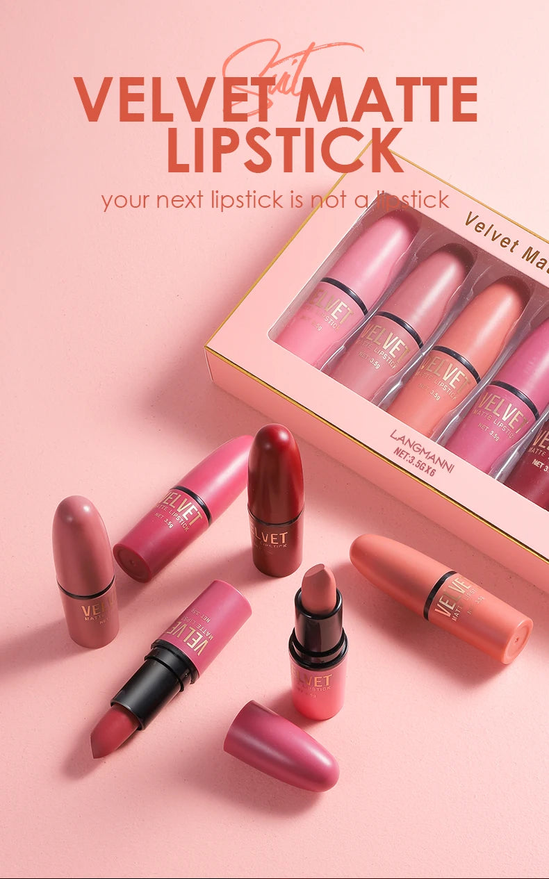 Matte Lipstick Set with Matte Finish, Waterproof and Not Easy to Stick to Cups, 6-Color Gift Box Lipstick Set