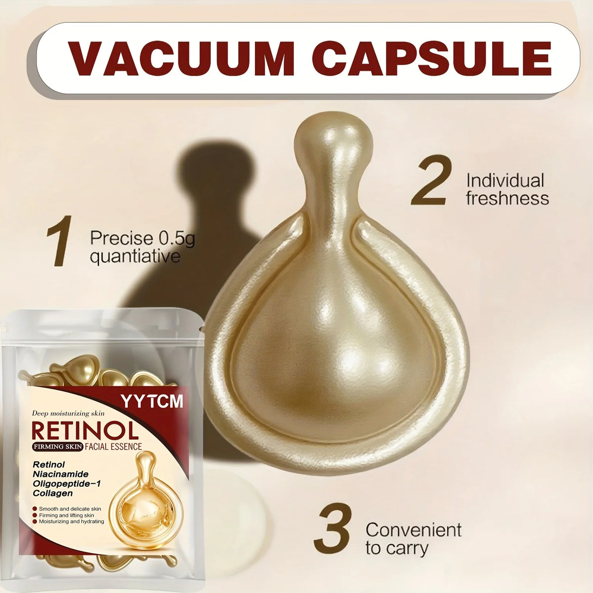 Retinol Firming Facial Moisturizing Essence Capsules, Retinol Facial Essence, Contains Hydrolyzed Collagen, Niacinamide, Deep Moisturizing (0.5Gx30 Capsules)/Bag-1 Bag