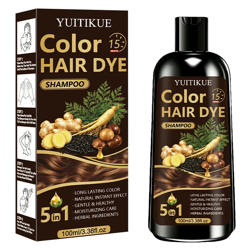 YUITIKUE Instant Hair Color Shampoo 100ml 5‑IN‑1 Herbal Extract Moisturizing Gentle Long Lasting Cover Grey Hair For Home Dye