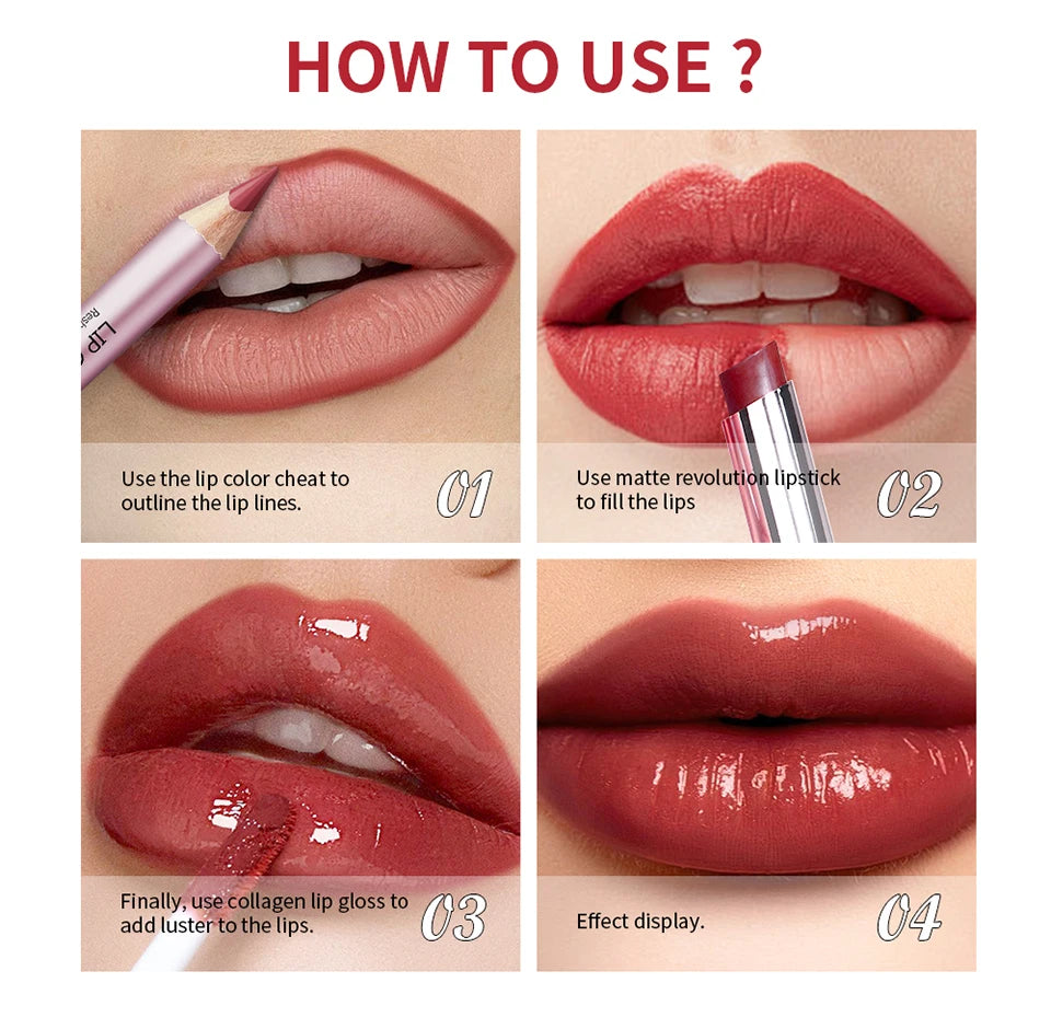 Lipliner&Lipstick Lip Gloss Set 3pcs/set Waterproof Long Lasting Lip Makeup Matte Travel Mini Set Women's Makeup Cosmetics