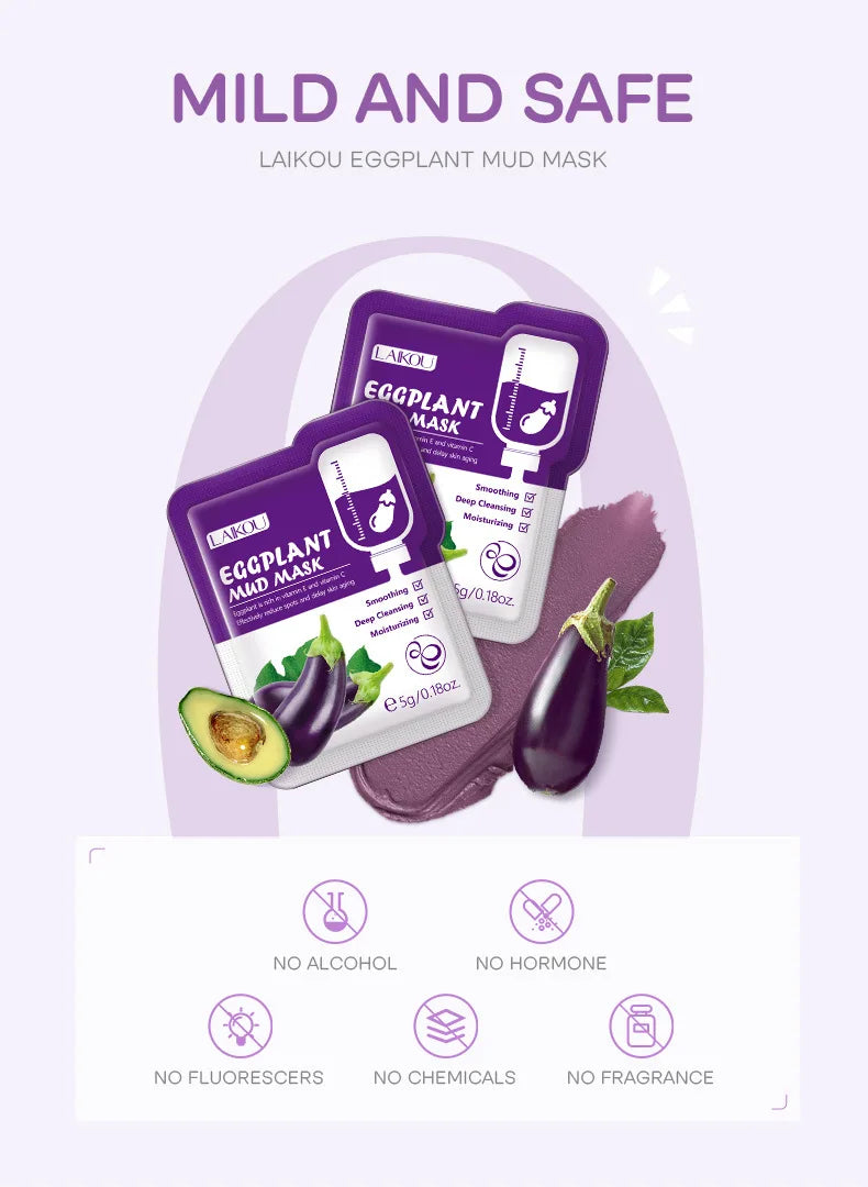 5pcs LAIKOU Eggplant Mud Mask Oil Control Moisturizing Anti-Acne  Anti Wrinkle Whitening Cleansing Clay Mask Skin Care Face Mask