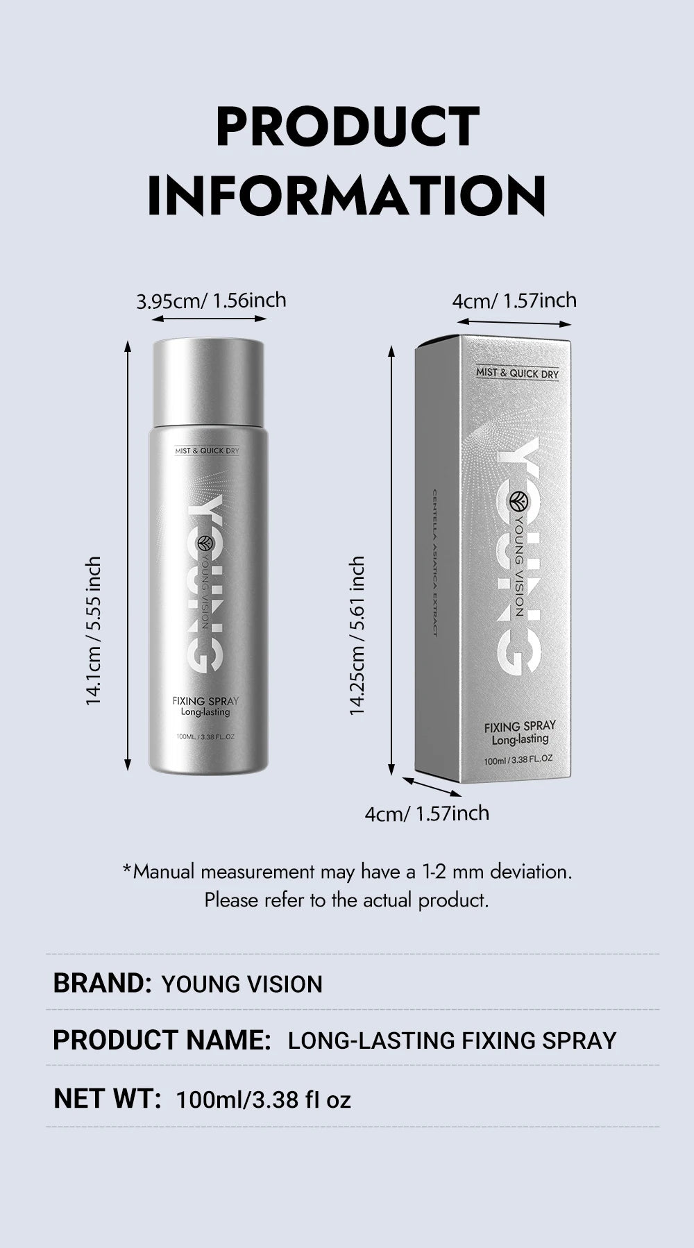 YOUNG VISION 100ml Makeup Setting Spray – Long-Lasting Matte Finish, Oil-Control, 3-Layer Film-Forming, Alcohol-Free, Hydrating,