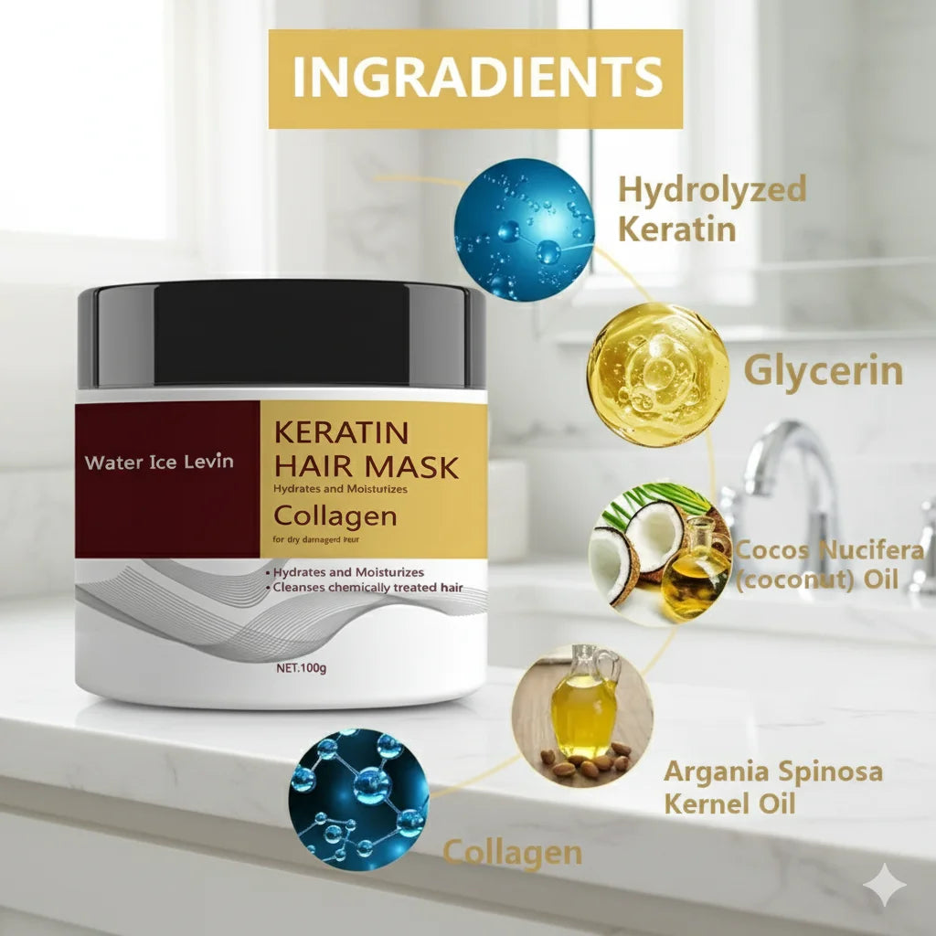 Keratin Hair Mask. Hydrolyzed Keratin Collagen. Hydrates Moisturizes. Repairs Dry Damaged Hair. Coconut Argan Oils. 100g.