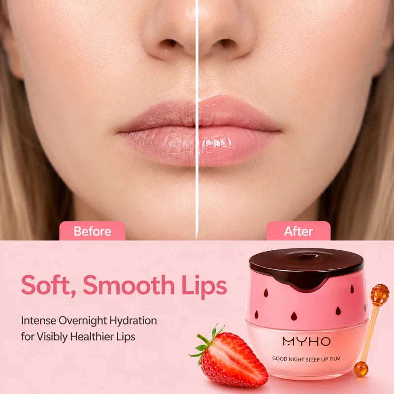 MYHO Strawberry Lip Sleeping Mask Overnight Repair Balm Hydrating Moisturizing Jelly Lip Care Non-Sticky Gloss with Applicator