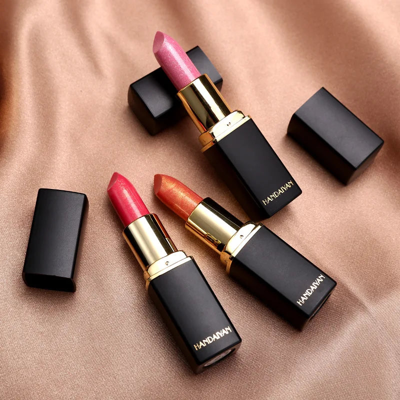 Black Tube Gold Shiny Lipstick Waterproof Long Lasting Moisturizing Glitter Pearlescent Nude Pink Shimmer Lipstick Luxury Makeup