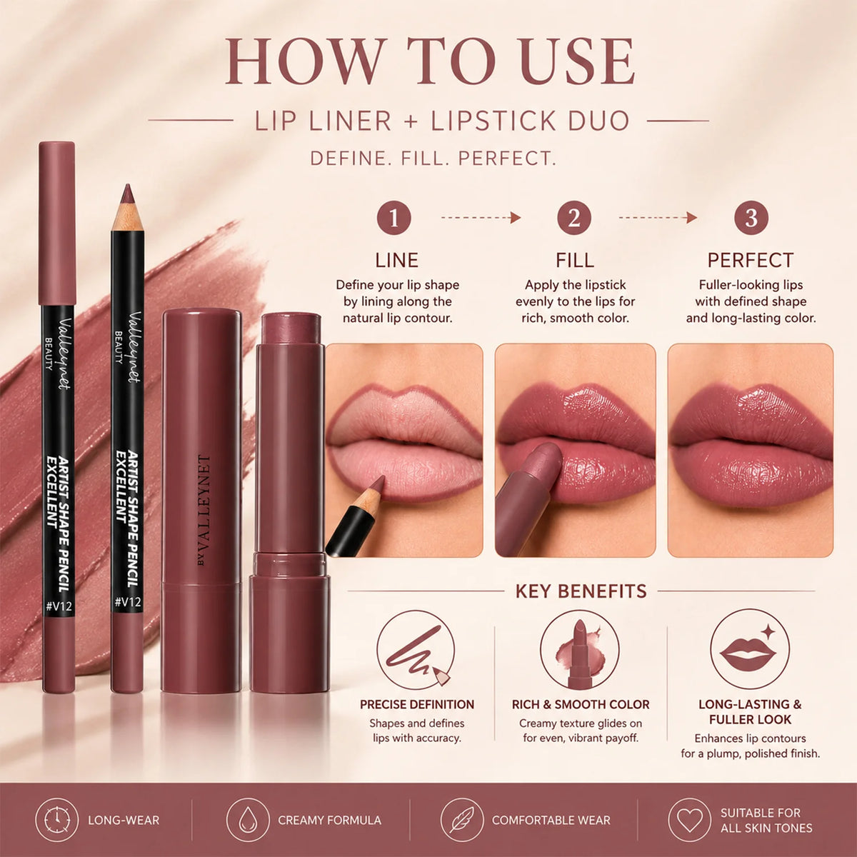 2pcs/Set Lip Liner&Moisturizing Lipstick-Precise Definition&Hydrating Color-Waterproof Long-Lasting Smudge-Proof-Natural