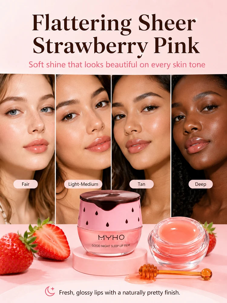 MYHO Strawberry Lip Sleeping Mask Overnight Repair Balm Hydrating Moisturizing Jelly Lip Care Non-Sticky Gloss with Applicator