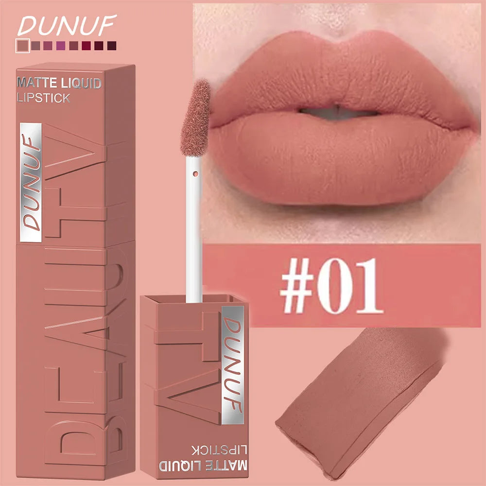 DUNUF 8-Color Matte Velvet Smooth Easy-to-Apply Square Tube Lip Gloss Waterproof Three-Dimensional Plumping Lipstick