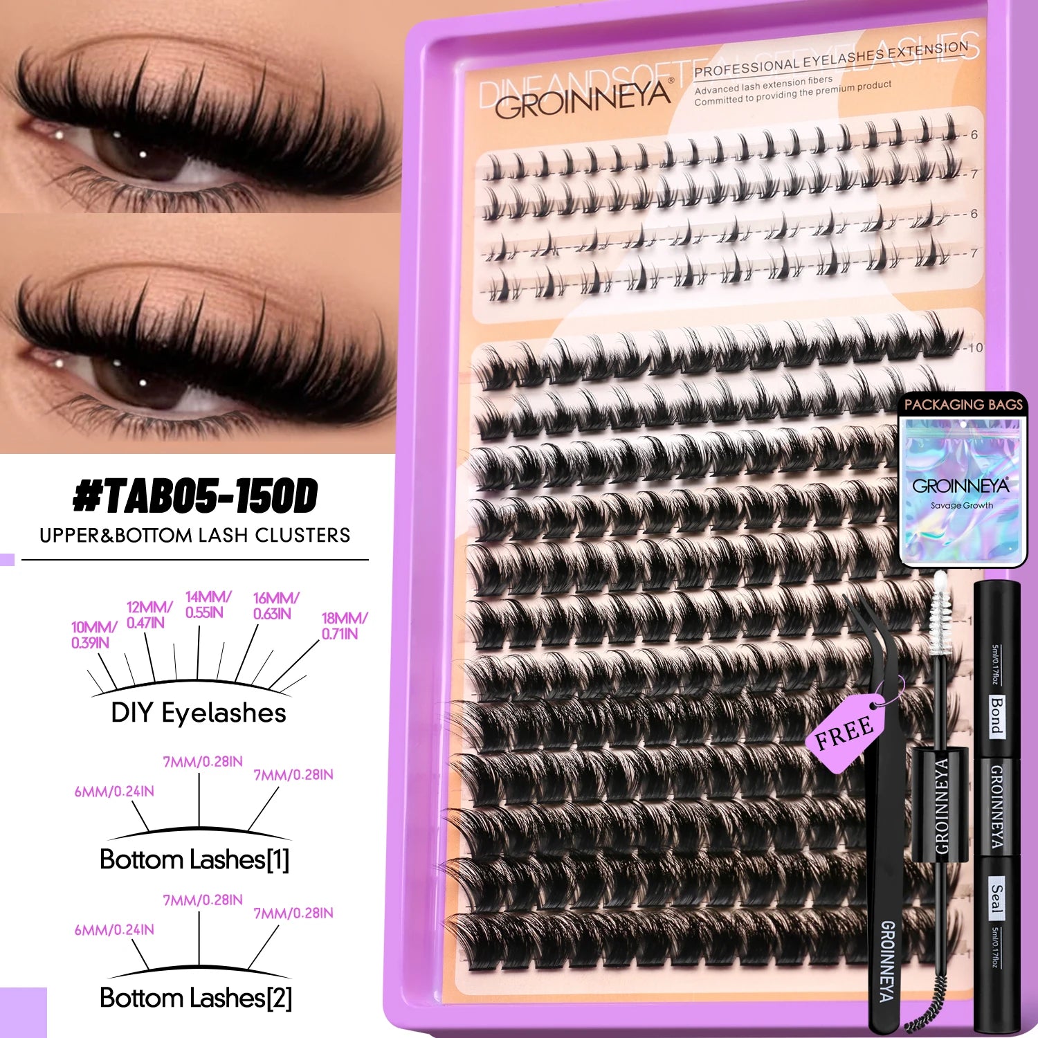 GROINNEYA Manga Lash Clusters Kit Fluffy 3D Mink Faux Cluster Lashes Kit Lashes Extension with Bond and Seal Makeup Kit