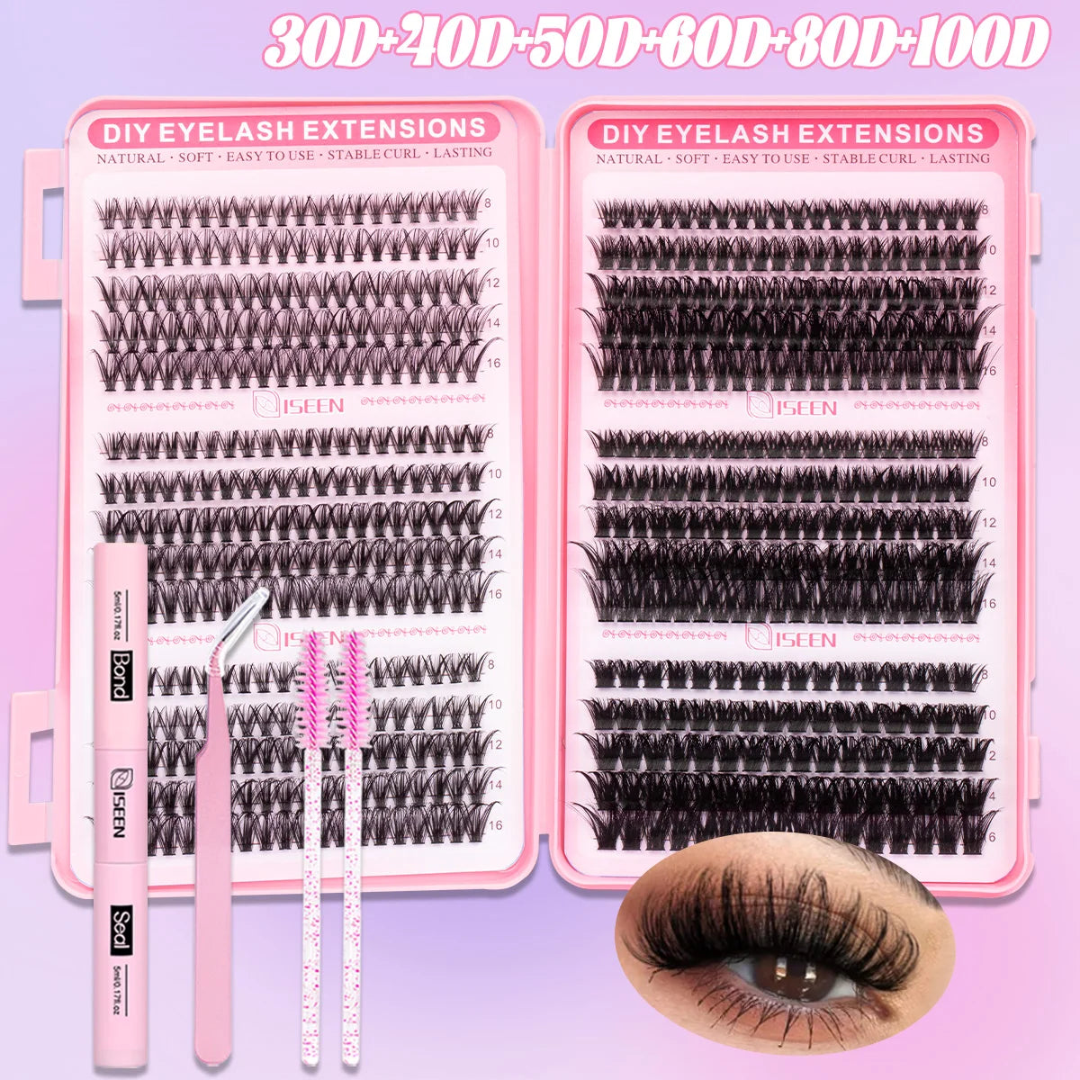 Lash Clusters Kit DIY Lash Extension Kit Large Capacity D Curl with Lash Bond And Seal And Eyelash Tweezers Makeup