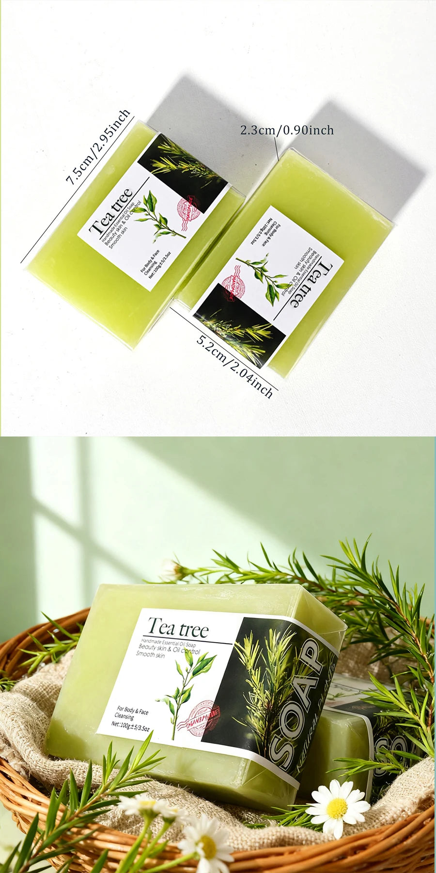 2Pcs100G Tea Tree Oil Soap Bar Deep Cleansing Facial Bath Bar Acne Pimple Control New Formula