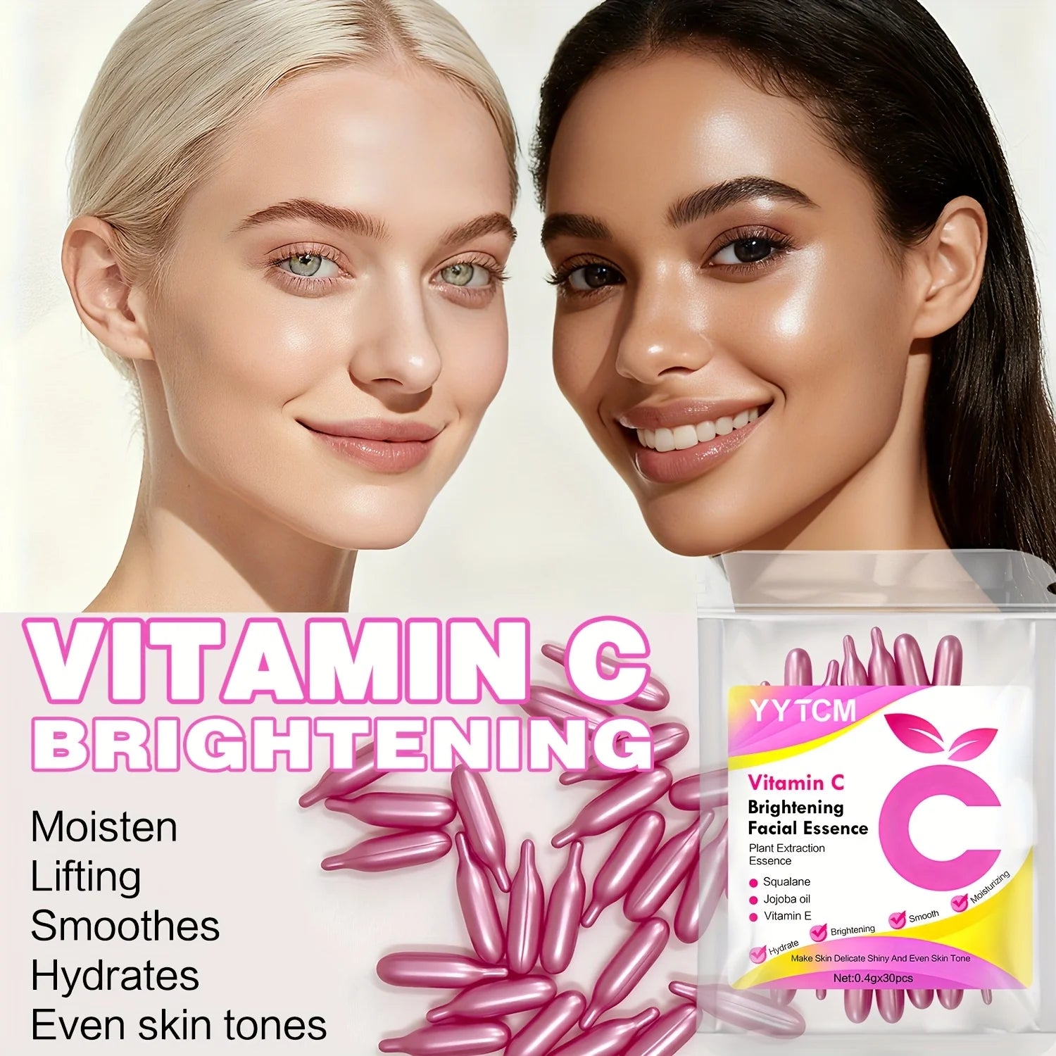 Vitamin C Brightening Skin Moisturizing Capsule Serum, hydrates and smooths the skin, contains plant squalane, vitamin E, magnolia oil, and jojoba seed oil for deep hydration and skin brightening (0.4g x 30 capsules)/bag-1 ba
