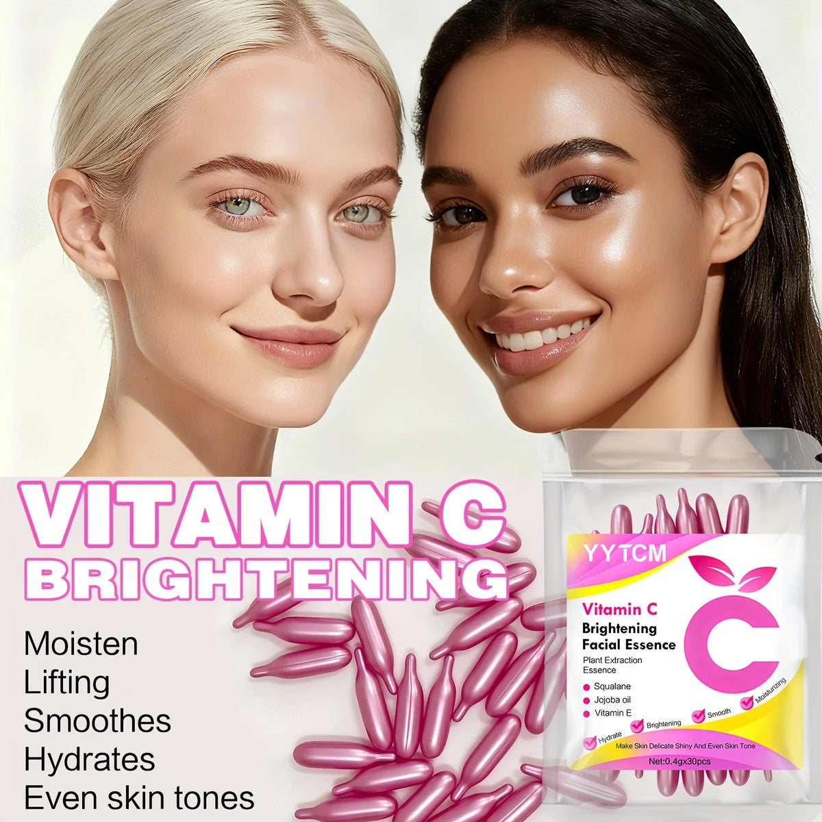 Vitamin C Brightening Skin Moisturizing Capsule Serum, hydrates and smooths the skin, contains plant squalane, vitamin E, magnolia oil, and jojoba seed oil for deep hydration and skin brightening (0.4g x 30 capsules)/bag-1 ba