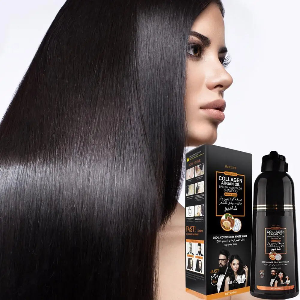 3-in-1 Collagen Argan Oil Shampoo Long-Lasting Black Hair Dye Shampoo for Men Women Nourishes Colors Gray Hair, 400ml Formula