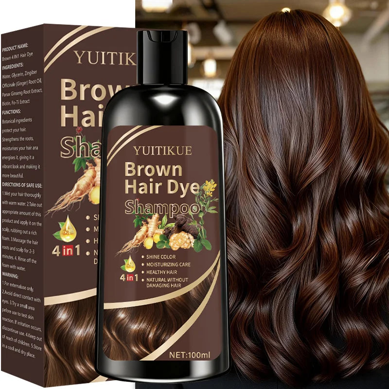 YUITIKUE Brown Hair Dye Shampoo 100ml - Plant Extract Formula, Covers Gray Hair, Natural Color, No Damage, 4-in-1 Care