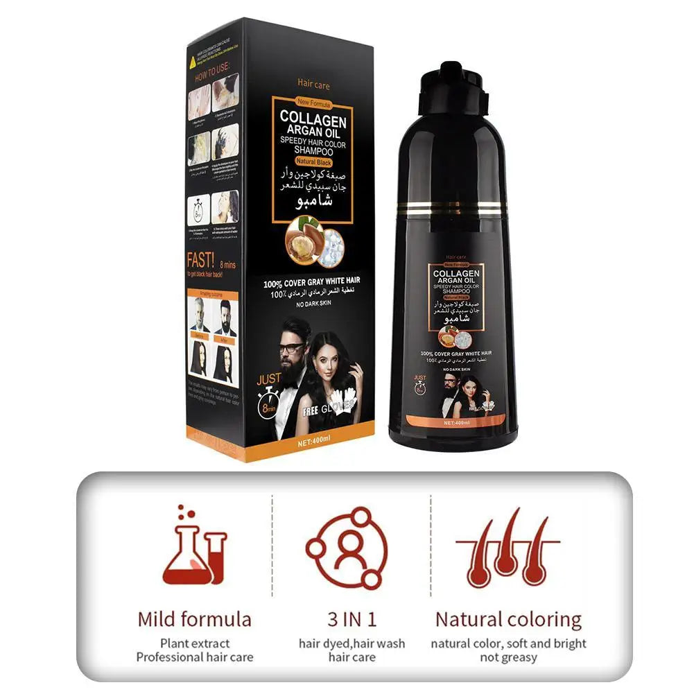 3-in-1 Collagen Argan Oil Shampoo Long-Lasting Black Hair Dye Shampoo for Men Women Nourishes Colors Gray Hair, 400ml Formula