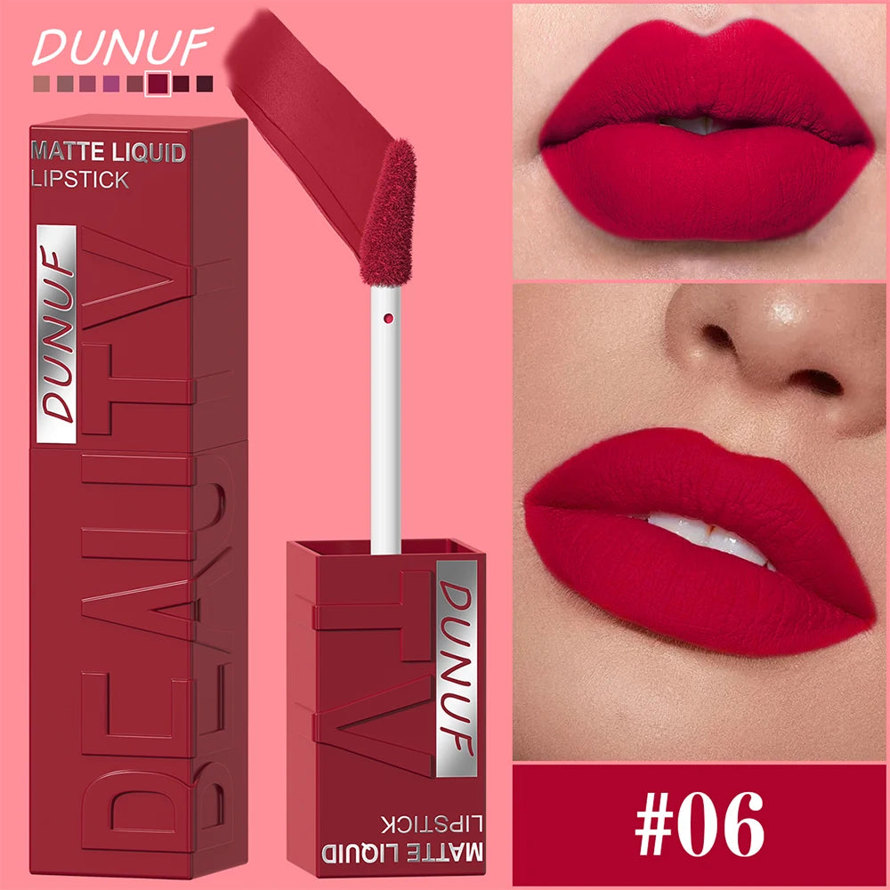 DUNUF Matte Velvet Lip Gloss, 3D Plumping & Waterproof, Square Tube Lipstick, Easy Application, 8 Shades (All-in-One)