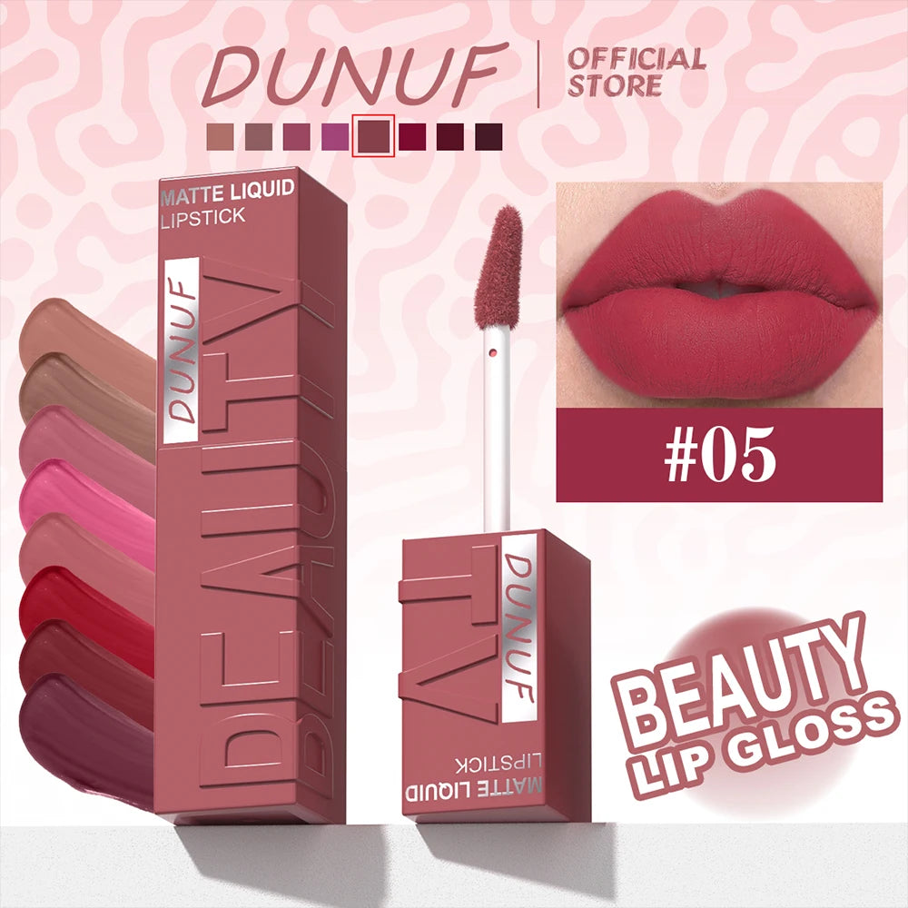 DUNUF 8-Color Matte Velvet Smooth Easy-to-Apply Square Tube Lip Gloss Waterproof Three-Dimensional Plumping Lipstick