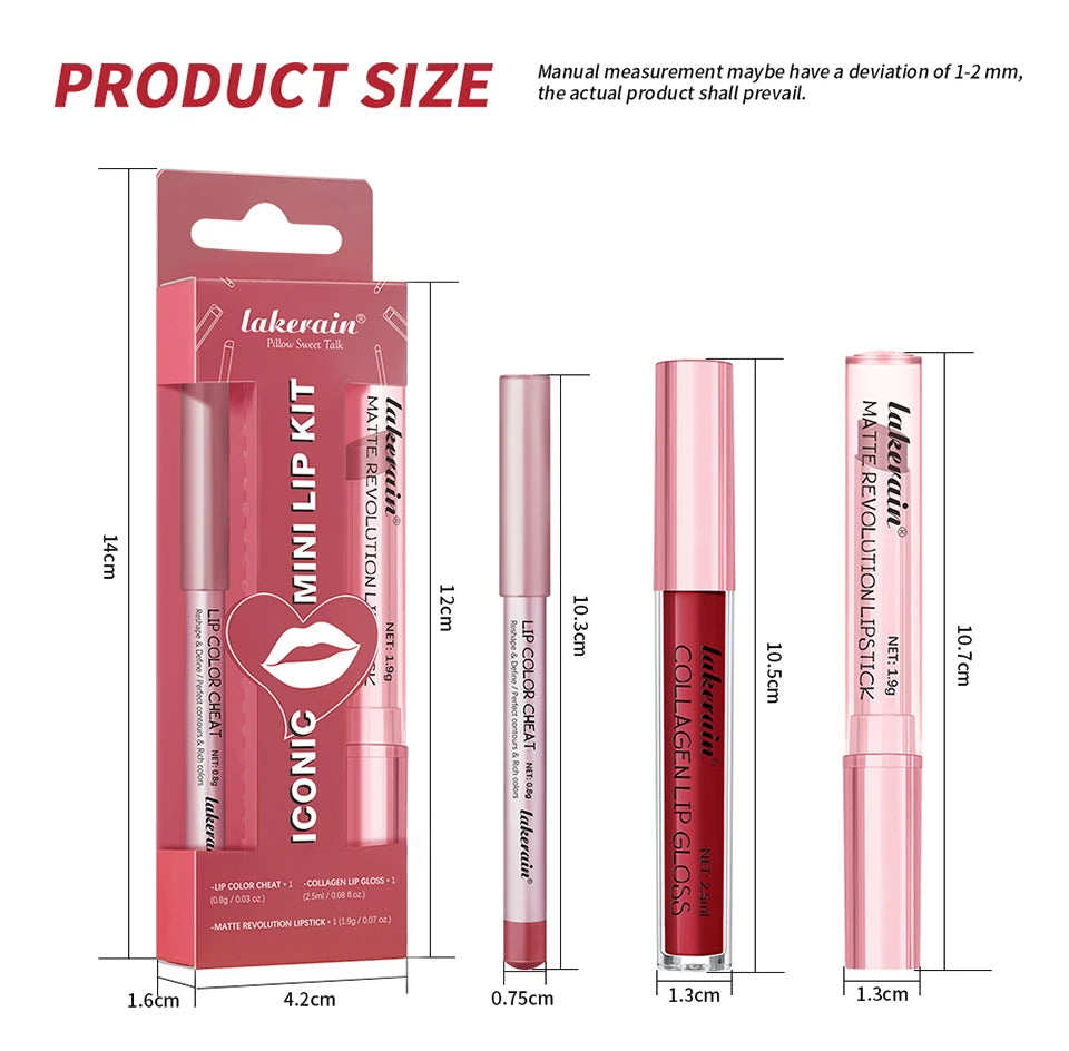 Lipliner&Lipstick Lip Gloss Set 3pcs/set Waterproof Long Lasting Lip Makeup Matte Travel Mini Set Women's Makeup Cosmetics