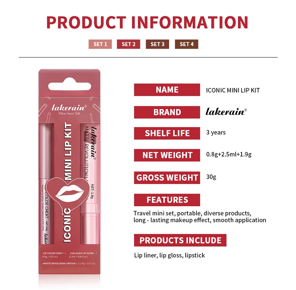 Lipliner&Lipstick Lip Gloss Set 3pcs/set Waterproof Long Lasting Lip Makeup Matte Travel Mini Set Women's Makeup Cosmetics