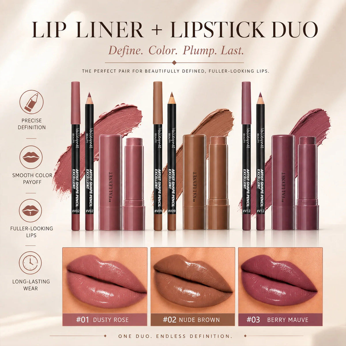 2pcs/Set Lip Liner&Moisturizing Lipstick-Precise Definition&Hydrating Color-Waterproof Long-Lasting Smudge-Proof-Natural