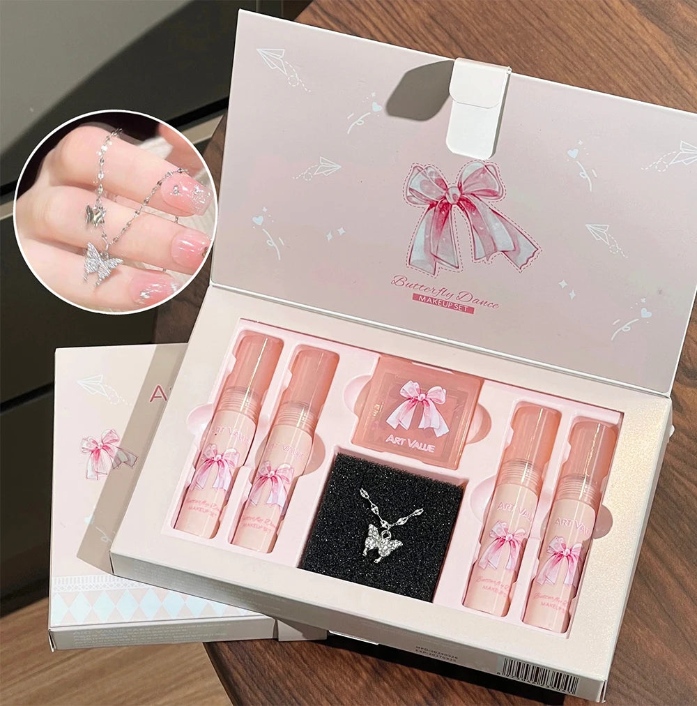 6Pcs/Box Matte Lipstick Set Lips Makeup Velvet Nude Lip Gloss Moisturizing Lip Glaze Face Blush Palette Makeup Set Necklace Gift