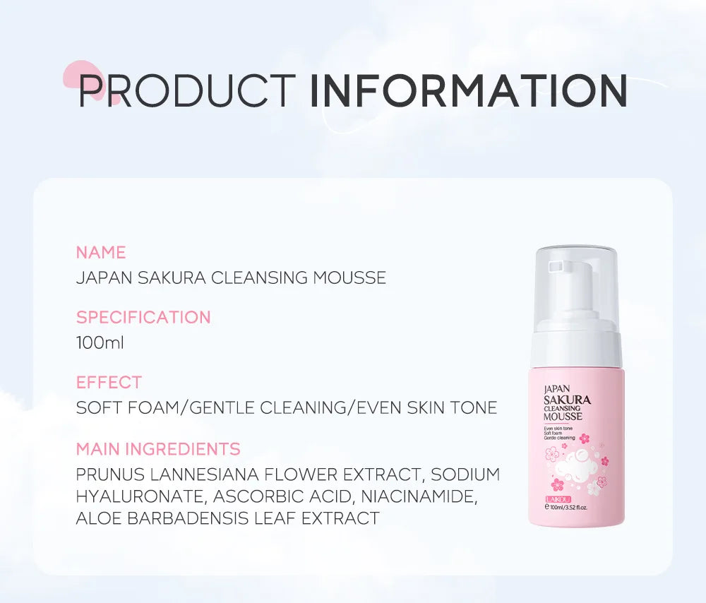 LAlKOU Japan Sakura Cleansing Mousse Facial Cleanser  Shrink Pores Deep Clean Oil Control Moisturizing Skin Care 100ml