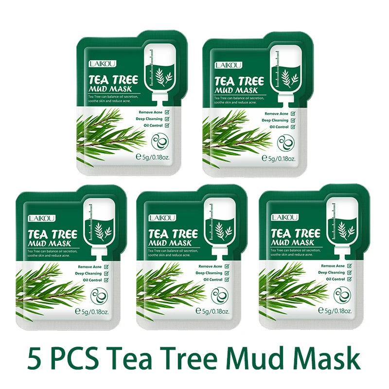 LAIKOU 5pcs Mud Mask Clay Mask Sakura Matcha Eggplant Tea Tree Mung Bean Oil-Control Deep Cleansing Repairing Facial Skin Care