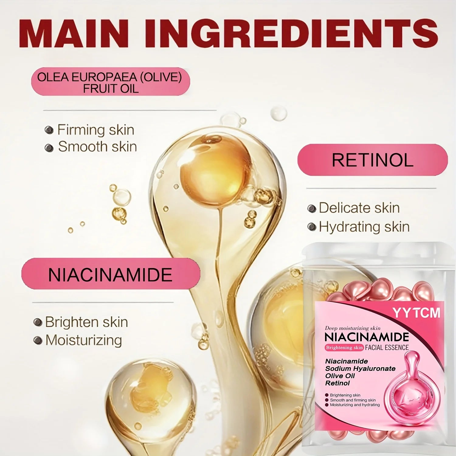 Niacinamide Facial Essence Capsules, Containing Retinol, Olive Fruit Oil, Gardenia Extract, Brighten Skin Tone, Moisturize and Hydrate, Smooth and Refine Skin (0.5Gx30 Capsules)/Bag-1 Bag