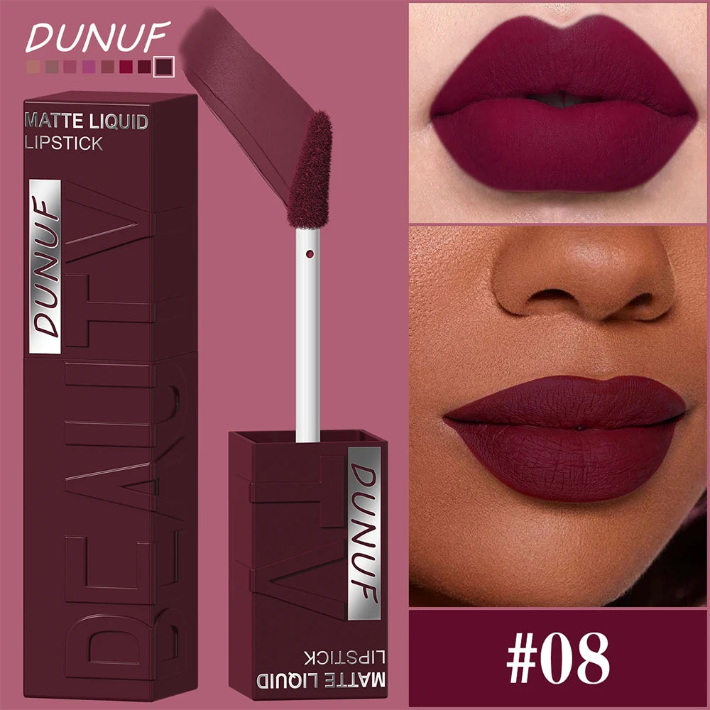 DUNUF Matte Velvet Lip Gloss, 3D Plumping & Waterproof, Square Tube Lipstick, Easy Application, 8 Shades (All-in-One)